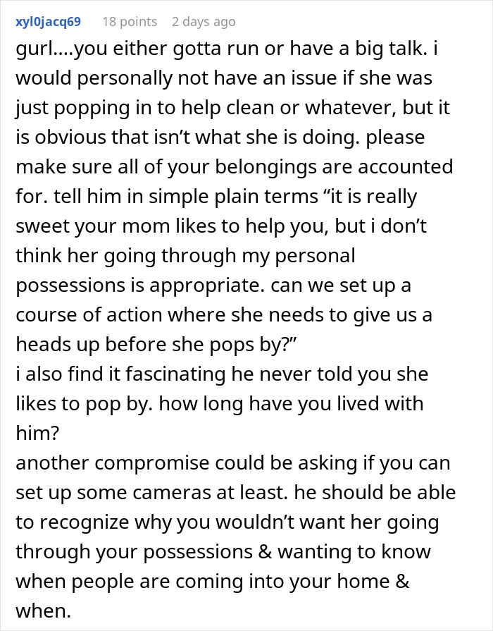 Comment advising a serious talk about boundaries with MIL having house key, addressing fiancee's concerns, and home privacy issues. - 27