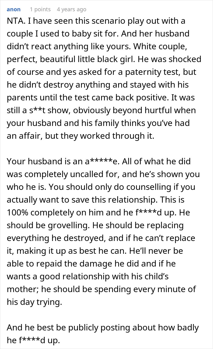 Comment discussing a husband’s paternity doubts and forgiveness after a DNA test involving his daughter's dark skin. - 50