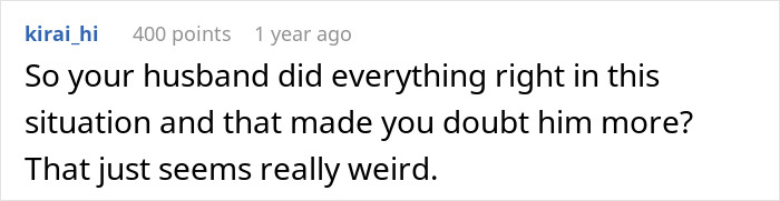 Comment expressing doubt about a husband&rsquo;s actions after his bestie forcefully kissed him, hinting at a possible affair.