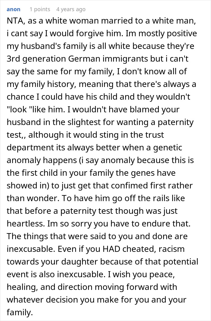 Comment discussing forgiveness and racism after a lady accused of cheating due to daughter’s dark skin and a DNA test. - 57
