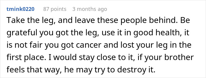 Comment highlighting a girl surviving cancer and accepting a prosthetic leg despite her brother's unfair feelings.