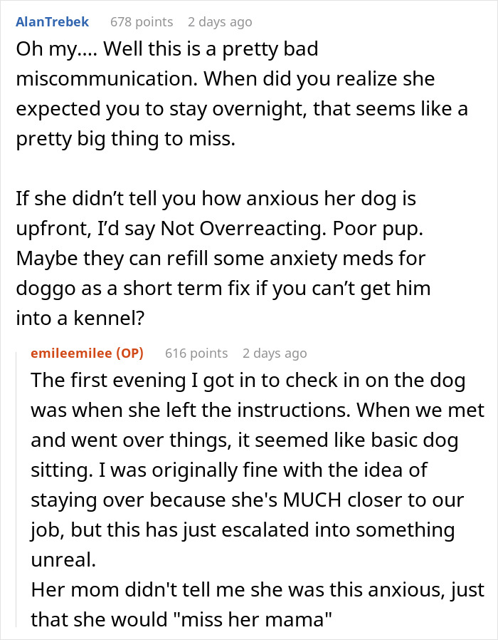 Comment discussion about a friend who insists on boarding a dog due to anxiety and miscommunication about staying overnight.
