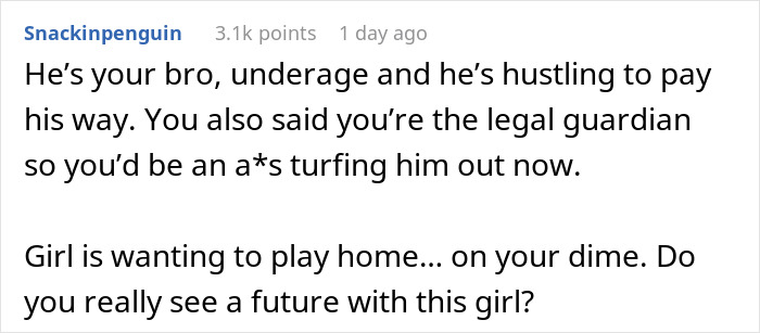 Comment discussing a teen working two jobs after losing parents, labeled a freeloader by brother’s girlfriend.