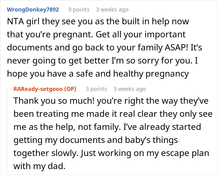 Reddit conversation showing support for pregnant lady refusing to babysit niblings amid family tension and racist attitudes.