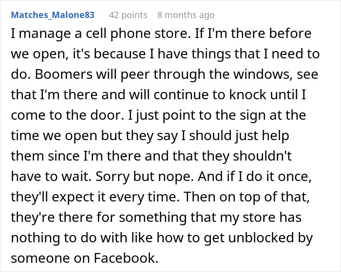 Text post about a cell phone store owner dealing with boomers breaking into a barbershop and calling cops. Text post about a cell phone store owner dealing with boomers breaking into a barbershop and calling cops.