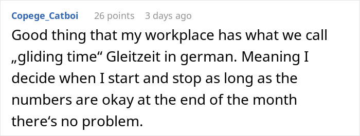 Comment about workplace penalty for being late, mentioning gliding time concept allowing flexible start and stop times.