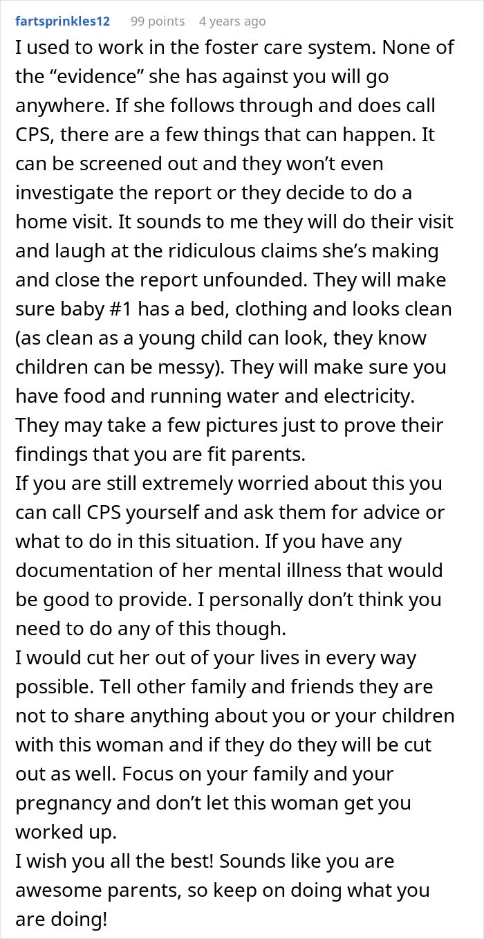 Text comment about CPS threats from mother-in-law offering advice to worried woman needing support. Text comment about CPS threats from mother-in-law offering advice to worried woman needing support.