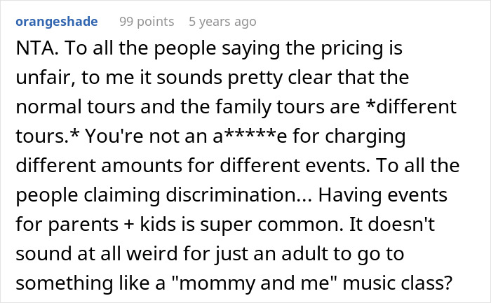 Screenshot of a forum comment defending tour company policies amid reviews after turning away a childfree couple from family tour. - 46