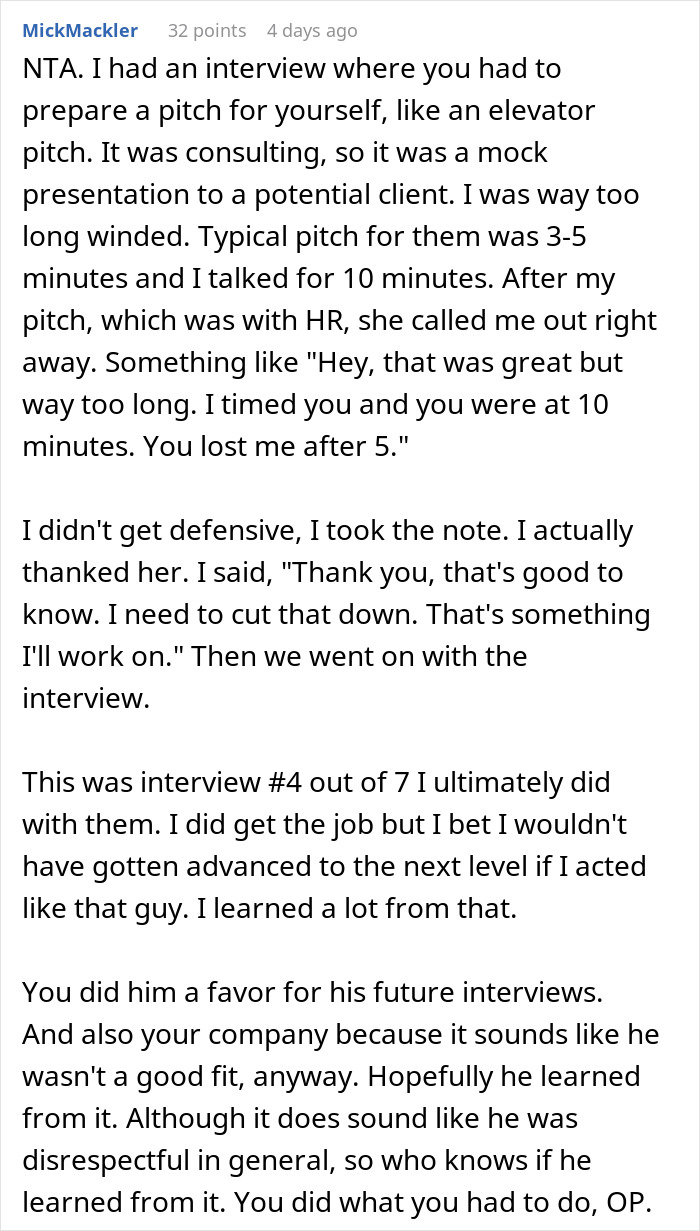 Comment discussing a job interview pitch and learning from a candidate who blew a high chance of getting hired in minutes.