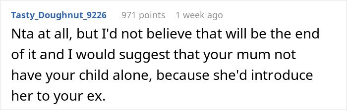 Screenshot of an online comment discussing a man threatening to cut off his mother over her friendship with his vengeful ex. - 31