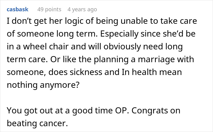Comment discussing fiancee leaving partner after cancer diagnosis and questioning commitment despite illness and care needs. - 47