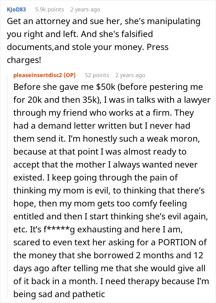 Reddit comments discussing legal action and emotional struggles after mom embezzles daughter&rsquo;s $160K inheritance and gaslights her.