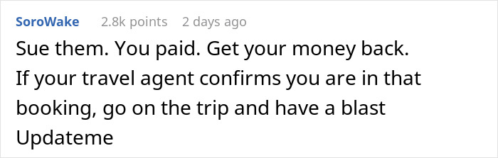 Comment advising to sue for refund after a bride tries to cancel a guest’s resort room out of spite. - 17