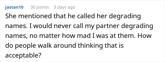 Screenshot of a forum comment discussing the impact of degrading names in relationships and questioning their acceptability.