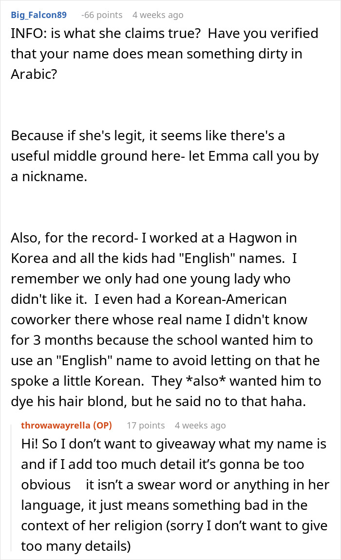 Commenters discussing a Korean woman's name considered offensive by coworker in borderline racism debate. Commenters discussing a Korean woman's name considered offensive by coworker in borderline racism debate.