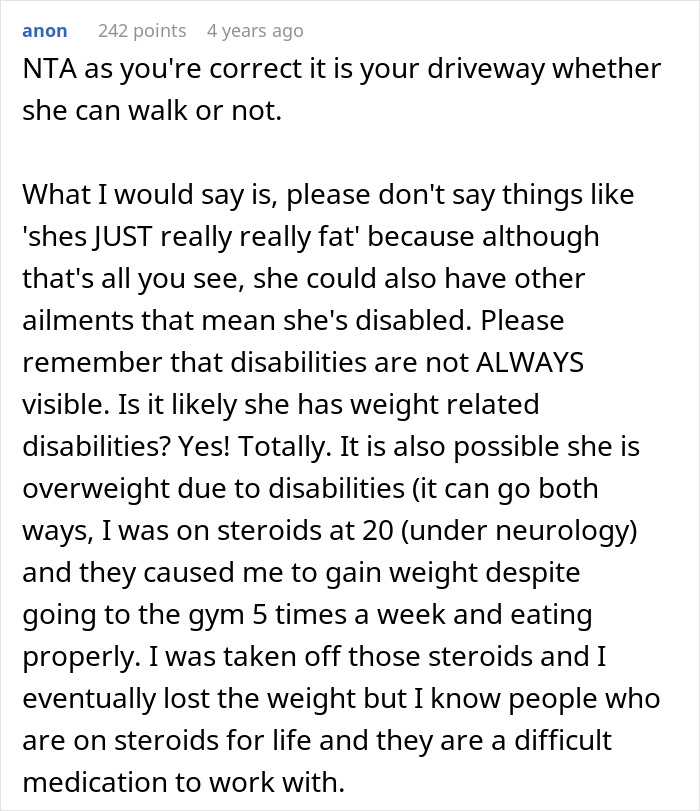 Comment discussing disabilities and weight, emphasizing that disabilities are not always visible, related to a disabled woman and driveway dispute.