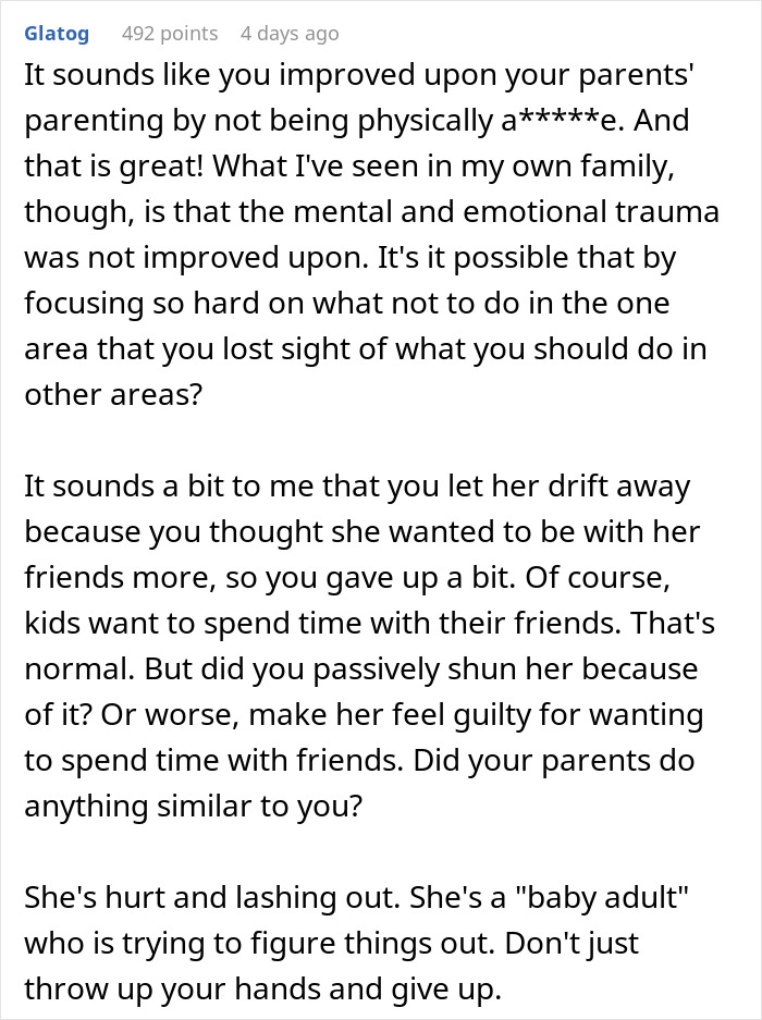 Commenter discussing generational trauma and parenting challenges, advising on emotional healing and family dynamics. - 21