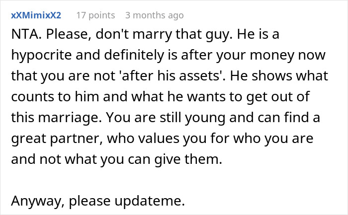 Comment warning about hypocrisy after guy demands prenup, before changing mind due to woman&rsquo;s 7-figure insurance.