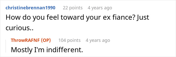 Screenshot of an online conversation about a woman refusing to reconnect after her stepsis stole her fiancé. - 27