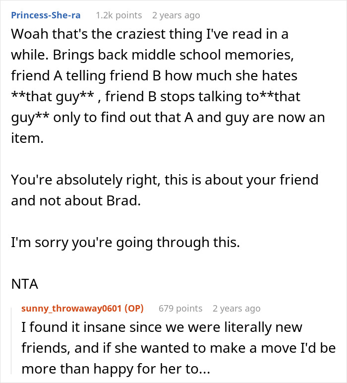 Reddit comments discussing a woman begging a friend to cut off a guy after petty conflict, later set to marry him.