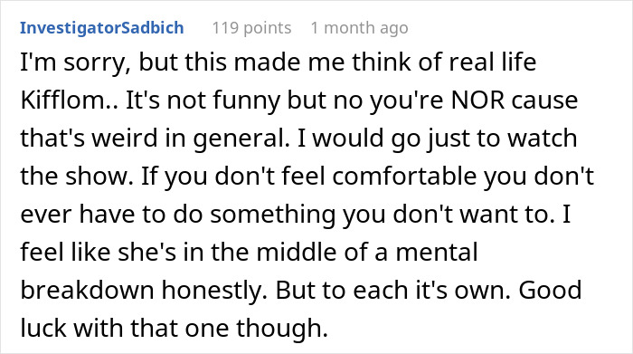 Comment discussing discomfort with attending sister's rebirth party and respecting personal boundaries and mental health concerns.