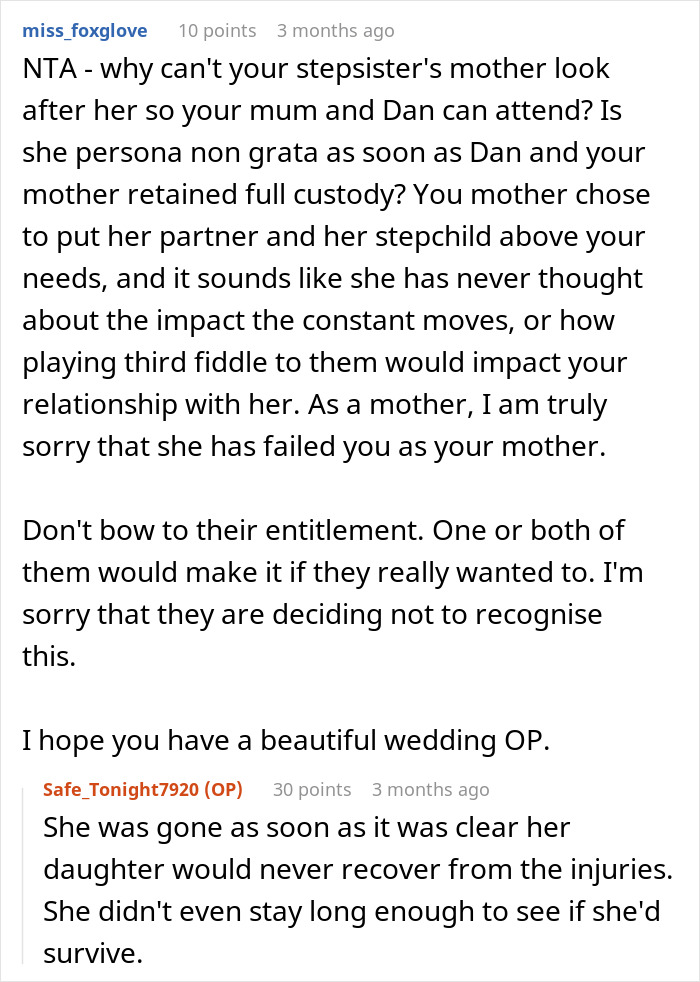 Commenters discuss family drama involving a guy who won’t relocate wedding for the sake of disabled stepsister. - 28