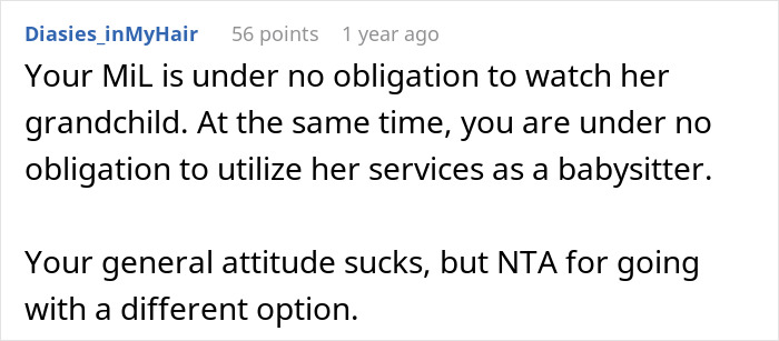 Screenshot of a Reddit comment discussing refusing to pay MIL for babysitting a toddler and family obligations.