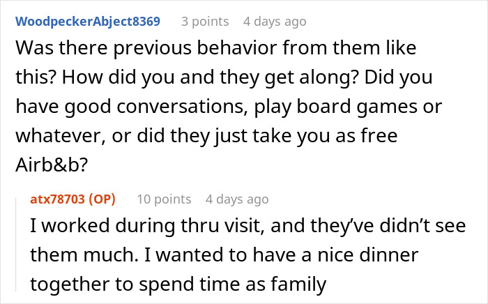 Online forum exchange discussing a family&rsquo;s entitled behavior leaving them hungry and banned from visits.
