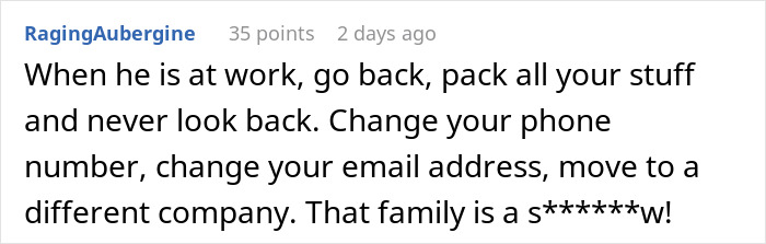 Screenshot of a Reddit comment advising to leave a toxic fiancé’s family after being called trial wife and warm-up before wedding. Screenshot of a Reddit comment advising to leave a toxic fiancé’s family after being called trial wife and warm-up before wedding.
