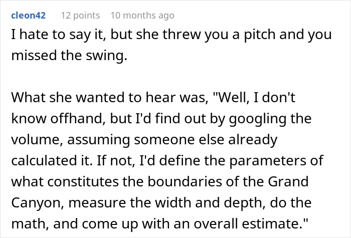 Text comment discussing a recruiter judging work ethics based on a random Grand Canyon question in a job interview. - 22