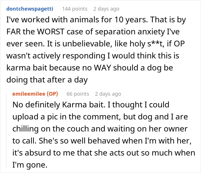 User comments discussing a dog's severe separation anxiety and the owner's insistence as a friend to board the dog.