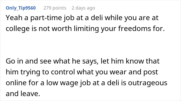 Screenshot of a forum comment discussing a boss who doesn’t want employee bikini pictures posted online. - 11