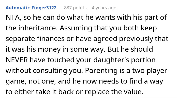 Comment discussing husband's promise of daughter's inheritance to freeloader sister and wife's strong reaction to the decision. - 19