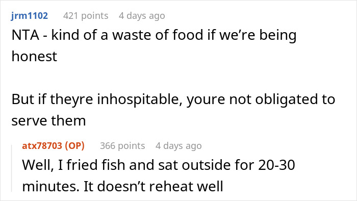 Screenshot of a conversation about family&rsquo;s entitled behavior and refusal to serve unhospitable relatives.