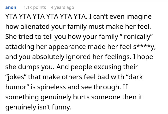 Comment expressing how a woman feels alienated after boyfriend’s family makes ugly sweater scar jokes. Comment expressing how a woman feels alienated after boyfriend’s family makes ugly sweater scar jokes.