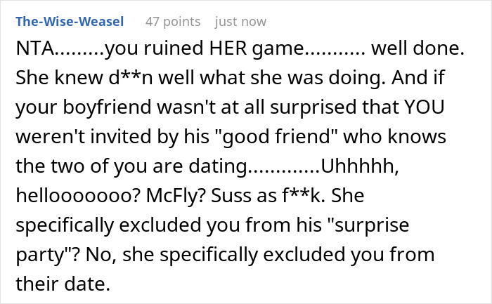 Text message discussing a guy's female best friend excluding his girlfriend from a surprise birthday party. - 21