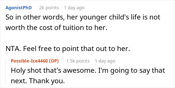 Comments from an online parenting forum discussing kid care and parental concerns about tuition costs.