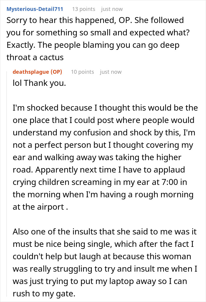 Screenshot of a Reddit conversation about a woman struggling with rude mom and noisy child at TSA early morning. - 23