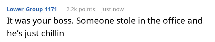 Screenshot of a Reddit comment discussing office theft and a relaxed boss in a casual work chat.