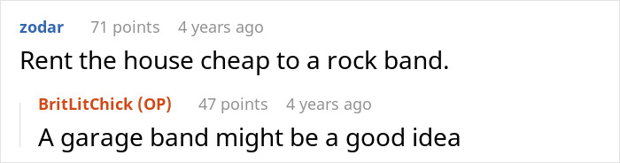 Screenshot of an online discussion about renting a house cheaply, highlighting neighbor and homeowner conflicts.