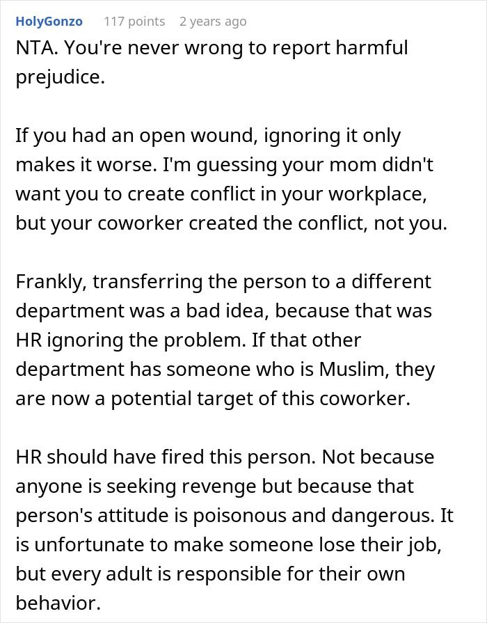 Comment discussing Islamophobic coworker behavior and HR&rsquo;s failure to address workplace prejudice and conflict effectively