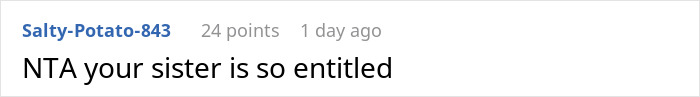 Screenshot of an online comment stating the sister is entitled in a discussion about a bride refusing to move her wedding. - 18