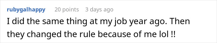 Screenshot of a Reddit comment about workplace rules discussing penalty for being late by minutes versus hours.