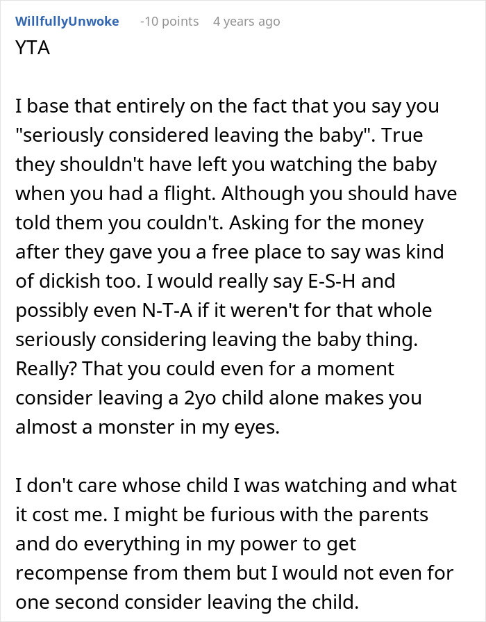 Comment discussing a woman missing flight while babysitting niece and asking parents for compensation, facing backlash. - 32