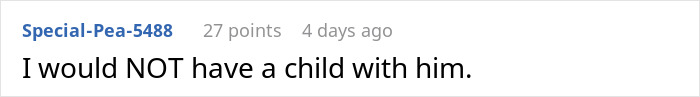 Comment on a forum post stating I would not have a child with him, related to teen forging texts to sabotage dad's relationship.