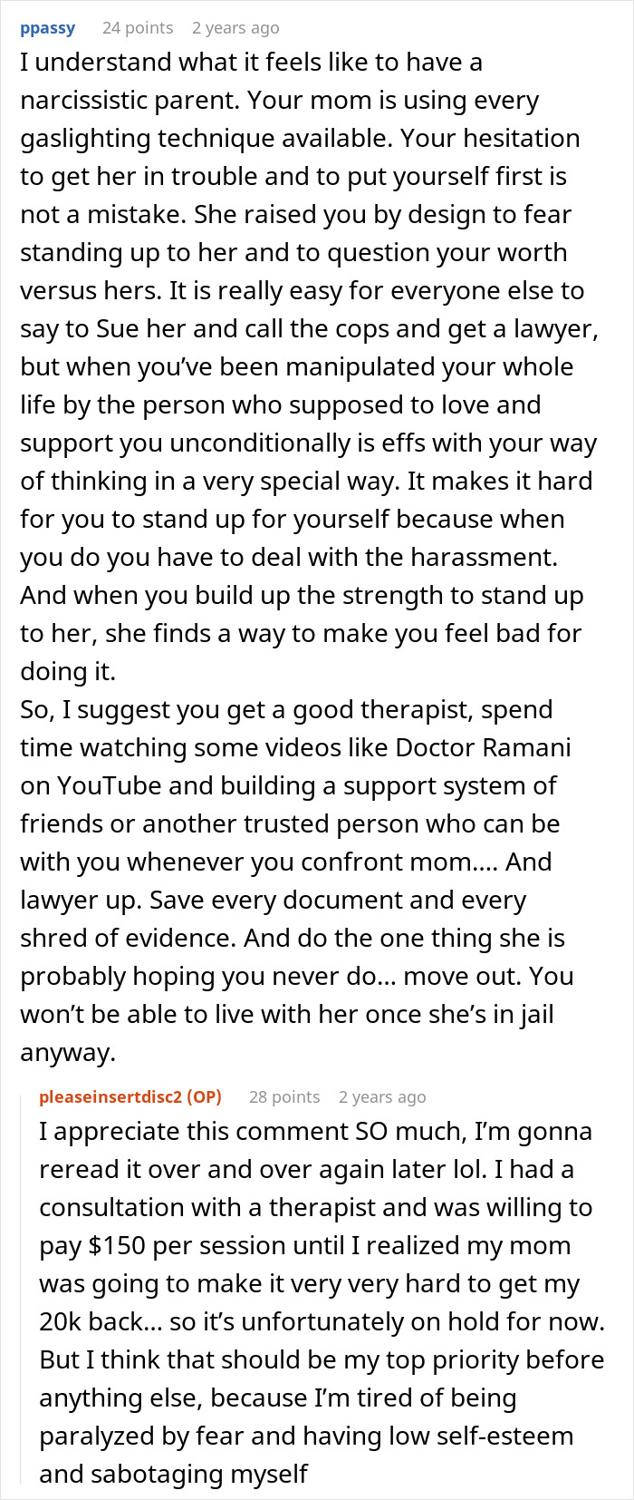 Reddit comment discussing mom embezzling daughter's inheritance and using gaslighting tactics after being exposed.