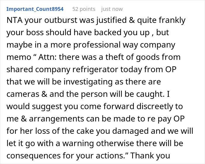 Comment text discussing a woman&rsquo;s custom baby shower cake ruined in a shared fridge and workplace responses.