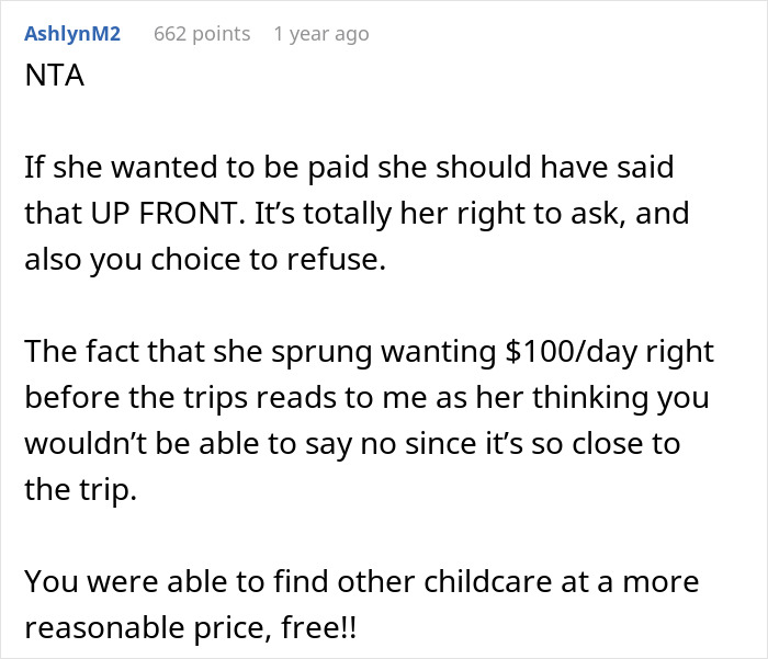 Comment discussing refusal to pay MIL for babysitting toddler and finding affordable childcare alternatives.