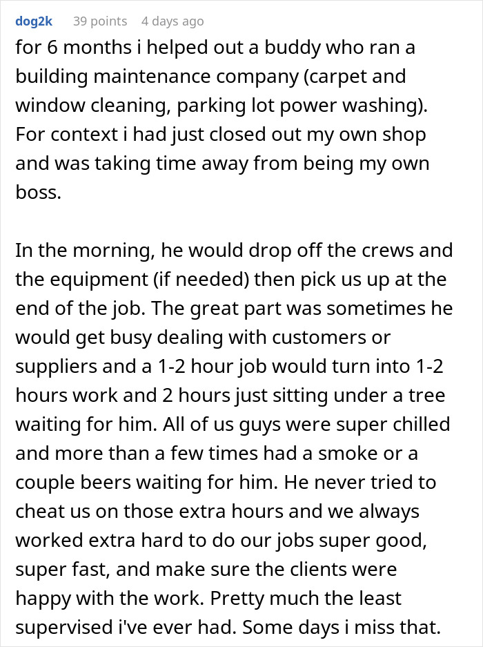 Text post describing a guy sharing his experience with a boss who told him to message after clients then ignored him for hours. - 42
