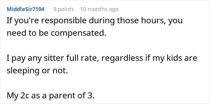 Comment discussing fair compensation for a nanny asked to work overnight hours without full pay. - 20